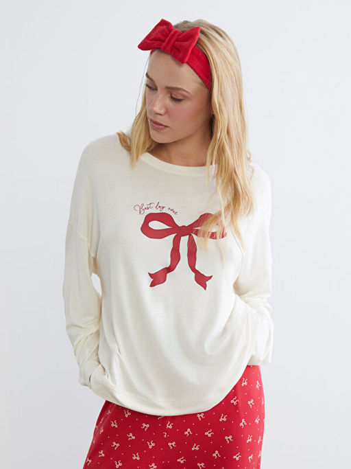 Fiyonk Bask?l? Kad?n Pijama Tak?m? ve Sa? Band?