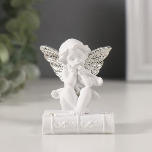 Цена за 2 шт. Фигурка полистоун «Ангелочек на книге с серебристыми крыльями», стразы, 4×4.5×6.5 см, МИКС