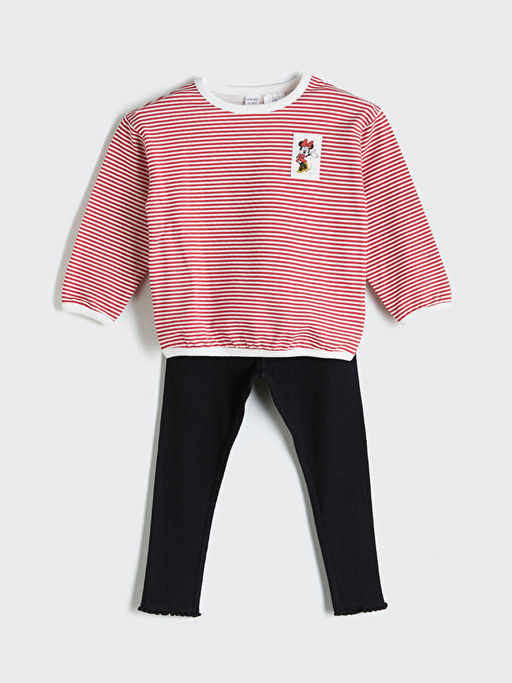Bisiklet Yaka Minnie Mouse Bask?l? K?z Bebek Sweatshirt ve Tayt 2li