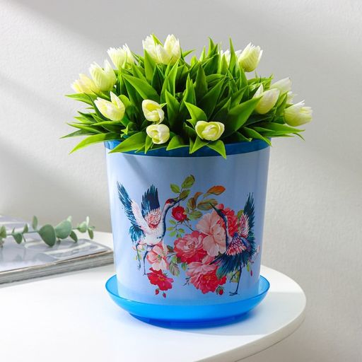 Горшок для цветов с поддоном Доляна «Танец журавлей», 1.6 л, d=14 см, h=15.5 см, цвет голубой