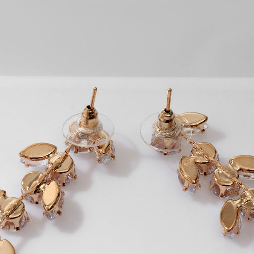 Серьги висячие со стразами Гроздь с листьями, цвет белый в золоте, 8см - Queen fair фото 3