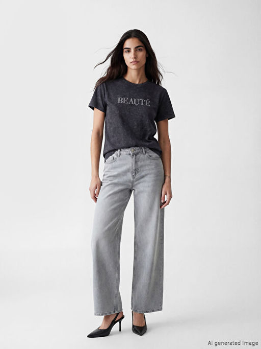 Bisiklet Yaka Ta? Bask?l? Kad?n Ti??rt