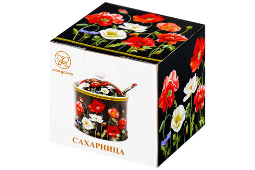 Сахарница 320 мл 9*9*10 см "Маки на черном" + ложка NEW BONE CHINA