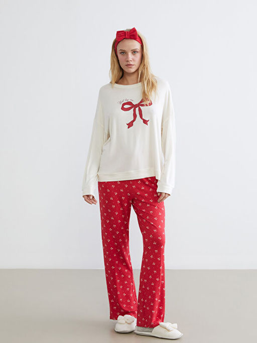 Fiyonk Bask?l? Kad?n Pijama Tak?m? ve Sa? Band?