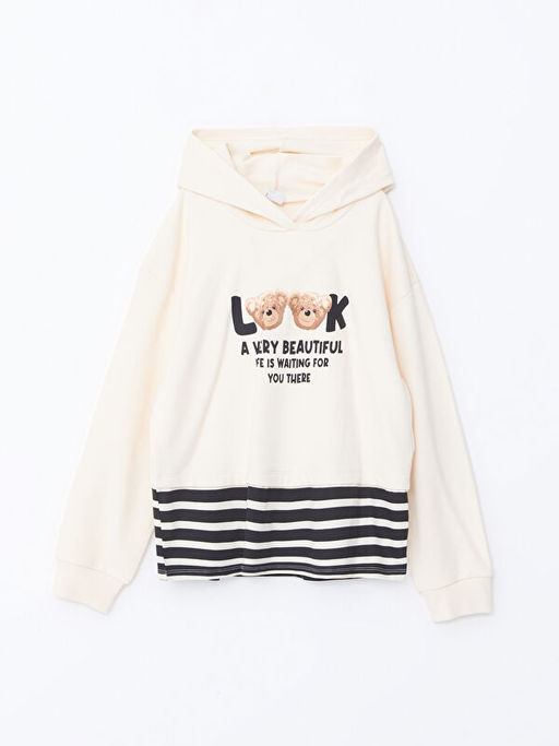 Kap??onlu Bask?l? Uzun Kollu K?z ?ocuk Crop Sweatshirt