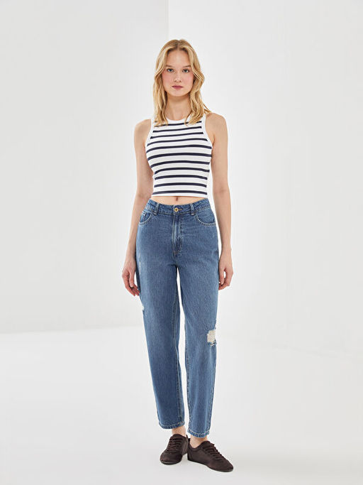 Bisiklet Yaka ?izgili Kad?n Crop