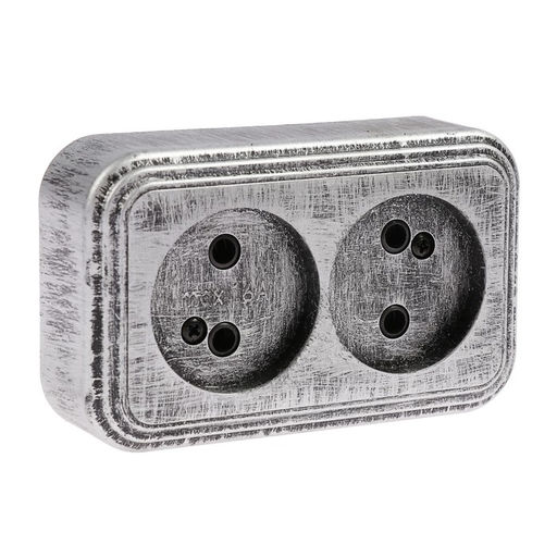 Розетка «Элект» RA 16-237-ЧС, 250 В, 16 А, открытая, двухместная, без заземления, чёрная под серебро