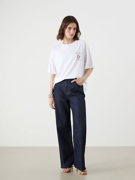 Bisiklet Yaka Bask?l? Oversize Kad?n Ti??rt