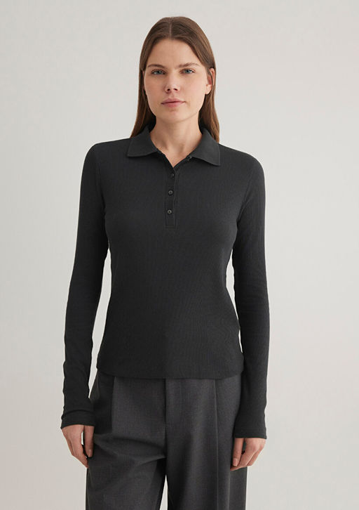 Polo Yaka Uzun Kollu Antrasit Tisort - Mavi фото 3