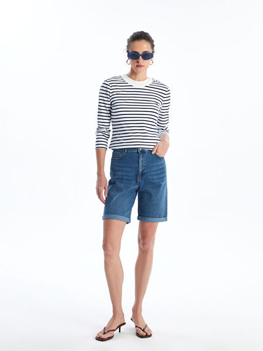 Bisiklet Yaka ?izgili Uzun Kollu Kad?n Body