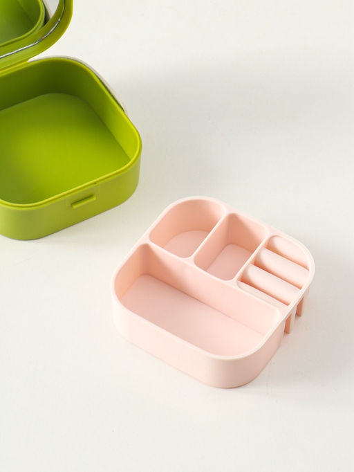 Шкатулка для украшений с зеркалом, с ручкой 3 ячейки, 3 полосы, зелёный, пластик, 9×9×3.8 см