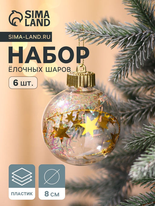 Ёлочные игрушки Льдинка - мишура, шары новогодние, d=8 см, набор 6 шт., прозрачный