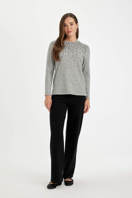 Женская футболка свободного покроя с круглым вырезом и леопардовым принтом с боковым разрезом и длинными рукавами - Defacto фото 2