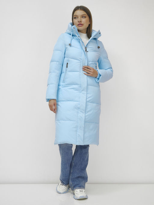 Пальто утепленное стеганное зимнее с капюшоном женское голубого цвета 9636_1Gl - Mtforce фото 15