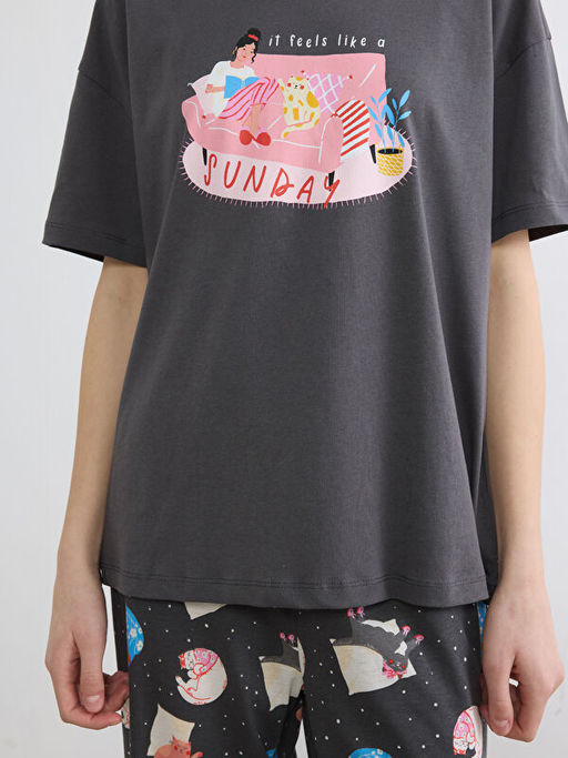 Bisiklet Yaka Bask?l? Kad?n Pijama Tak?m