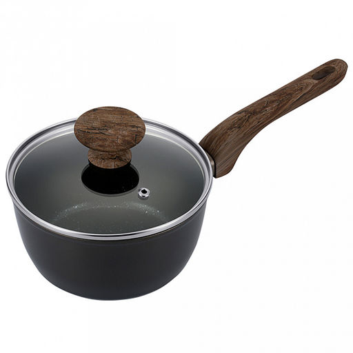 Ковш с двухслойным антипригарным покрытием "Moderno" 1,3л, д16см, h8см, s2,6мм, дно s3,1мм, стеклянная крышка, бакелитовая ручка с покрытием "soft-touch", имитирующим текстуру дерева, "Regent", цветная коробка (Китай) Подходит для всех видов плит, в