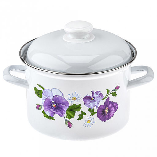 "Анютины глазки" Кастрюля эмалированная 3,0л, форма цилиндрическая, металлическая крышка с пластмассовой ручкой-кнопкой, нержавеющий ободок (Россия)