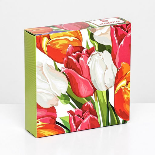 Коробка для 9 конфет с обечайкой, «8 марта» 13.8×13.8×3.8 см