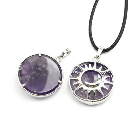 Подвеска Солнце двухсторонняя в металле с аметистом 27*27мм