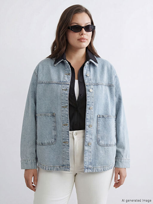 G?mlek Yaka Oversize Kad?n Jean Ceket