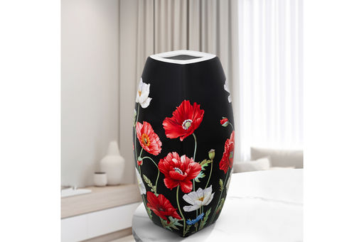 Ваза 1,5 л 11*11*21 см "Маки на черном" квадрат, NEW BONE CHINA