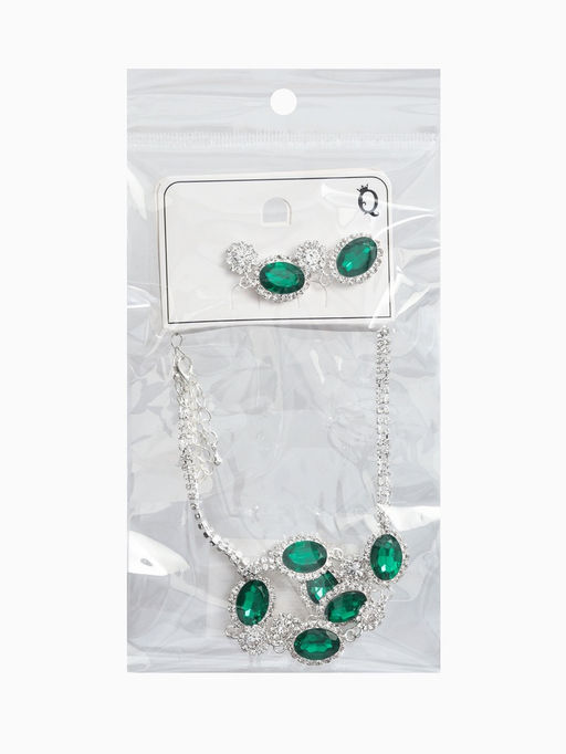 Набор 2 пред-а: серьги, колье "Вечерний шик" овал, цвет бело-изумрудный в серебре