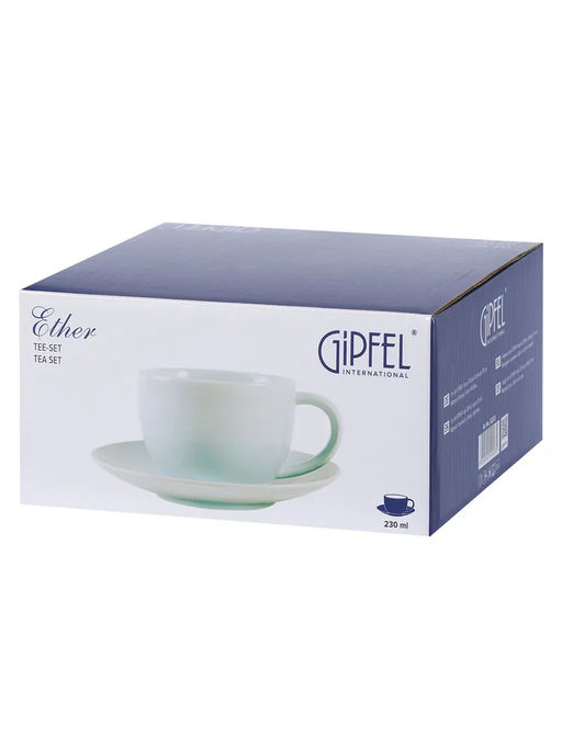 52223 GIPFEL Чайная пара ETHER: чашка 230 мл, блюдце 15 см. Материал: керамика. Цвет: светло-голубой.