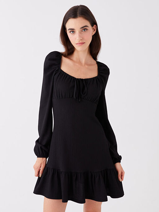 U Yaka D?z Uzun Kollu Elbise