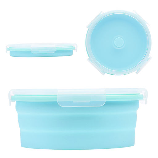 Ланчбокс складной герметичный круглый, 1200 мл, диаметр 18 см, высота 8 см, в сложенном виде высота 2,5 см, силиконовый, с пластиковой крышкой, с отвестием вентиляции и силиконовой заглушкой, мятный - Devente фото 2