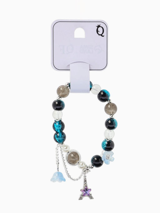 Браслет с подвесками "Сахарный" башня с цветами, шар №10/8, цвет чёрно-синий в серебре