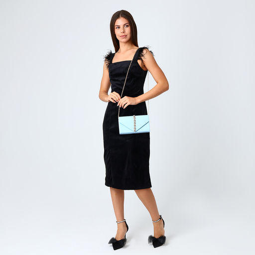 Сумка-клатч женская вечерняя на магните, на длинной цепочке, со стразами, голубая