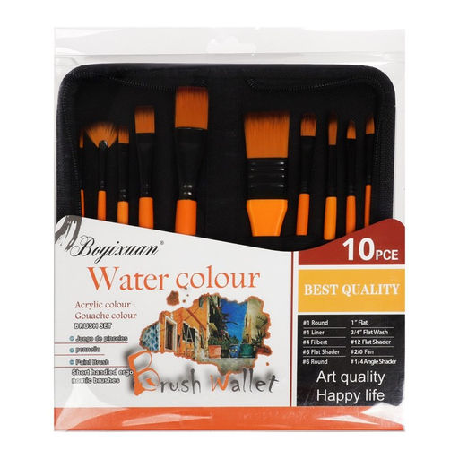 Набор кистей для рисования, синтетика, 10 штук, круглые, плоские, в пенале на молнии, международный размер