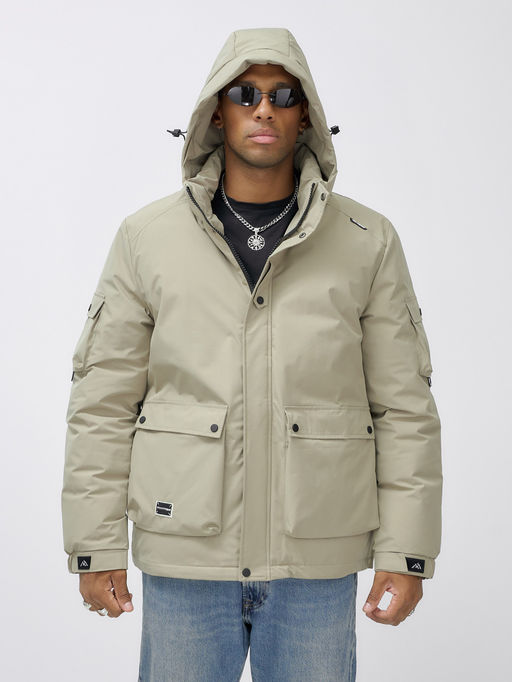 Куртка спортивная мужская зимняя с капюшоном бежевого цвета 2333B