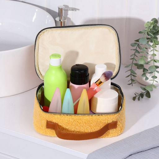 Косметичка-сундучок на молнии, на подкладке, плюшевая, с ручкой, жёлтая