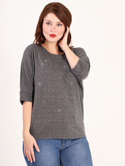 Блузка трикотажная женская серая с крупными стразами