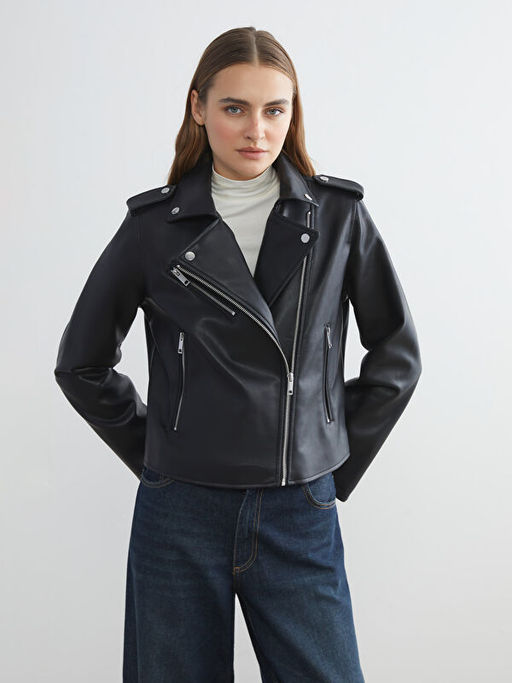 Biker Yaka Kad?n Deri G?r?n?ml? Ceket