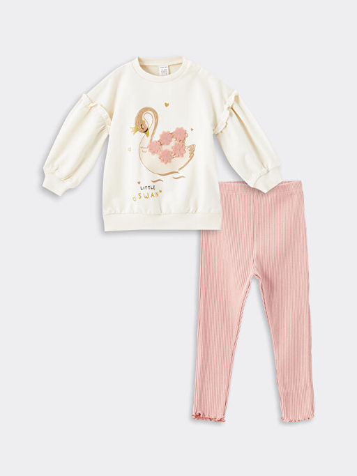 Bisiklet Yaka Uzun Kollu Bask?l? K?z Bebek Sweatshirt ve Tayt 2li
