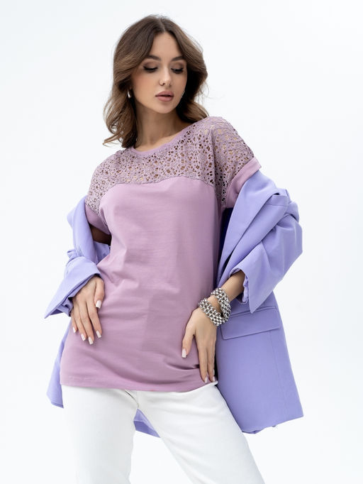 ВИДЕООБЗОР. Футболка с кружевом . 180-14,сухая роза - Binita фото 3