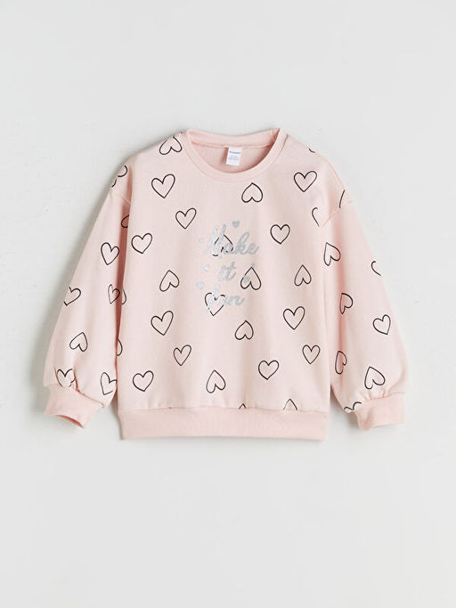 Bisiklet Yaka Kalp Bask?l? K?z ?ocuk Sweatshirt
