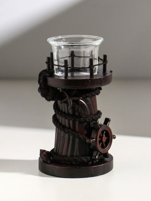 Подсвечник на 1 свечу «Маяк и штурвал», дерево, стекло, 8.5×8.5×15.5 см