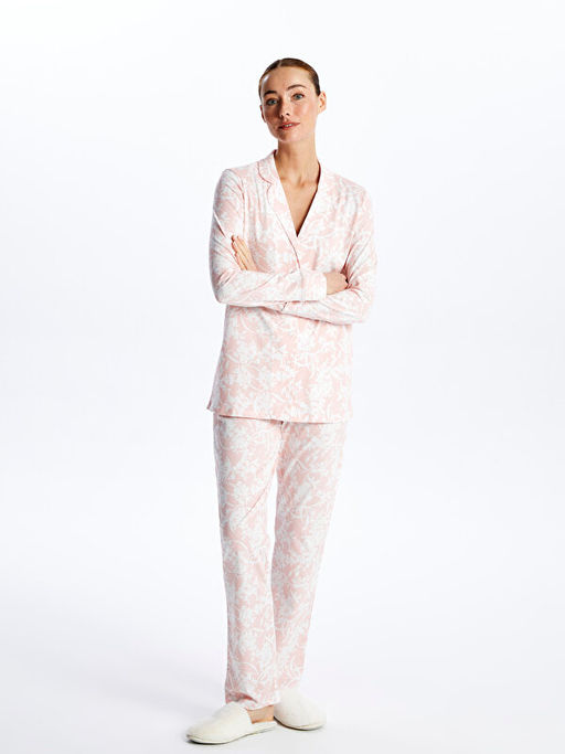 G?mlek Yaka Desenli Kad?n Pijama Tak?m?