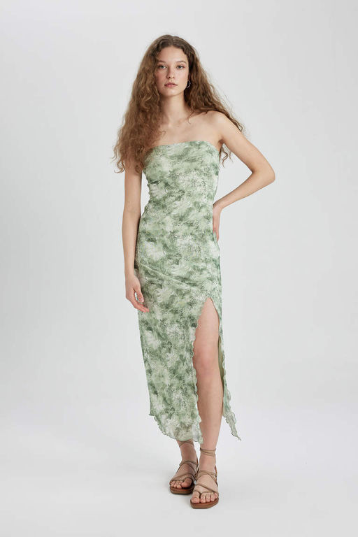 Платье миди из тюля без бретелек с разрезом и рисунком - Defacto фото 2