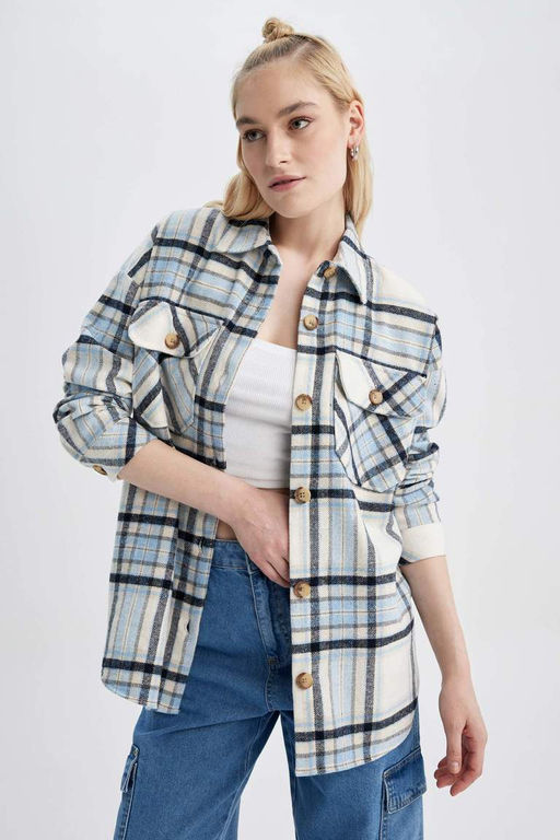 Фланелевая туника с длинными рукавами и воротником-рубашкой оверсайз - Defacto фото 3