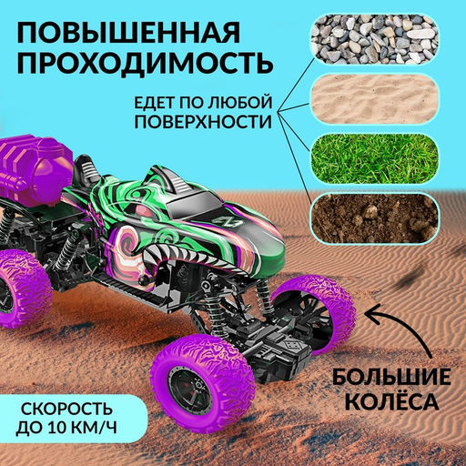 Машинка на пульте управления MONSTER, 1:16, эффект дыма, световые эффекты, работает от аккумулятора, цвет зелёный - АвтоГрад фото 2
