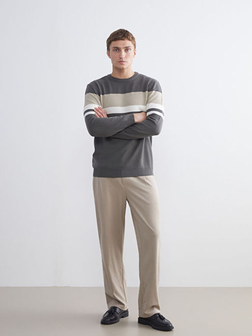 Bisiklet Yaka ?izgili Erkek Triko Kazak