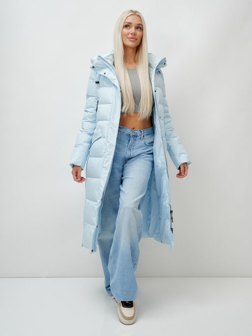 Пальто утепленное стеганное зимнее с капюшоном женское голубого цвета 9610Gl - Mtforce фото 16
