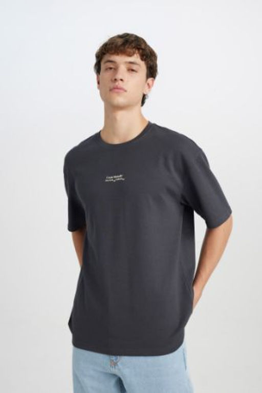Boxy Fit Bisiklet Yaka Bask?l? K?sa Kollu Tisort