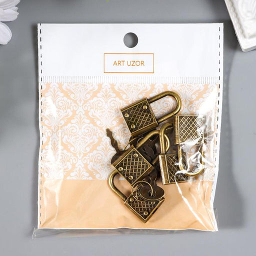 Цена за 2 шт. Замочек с ключиком для шкатулки, металл, набор 5 шт., бронза, 3.1×1.7 см