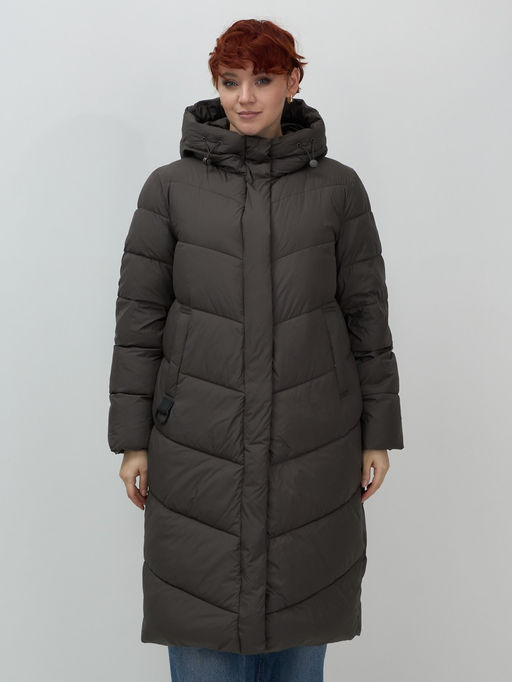 Пальто зимнее утепленное с капюшоном женское темно-коричневого цвета 7623TK - Visdeer фото 3