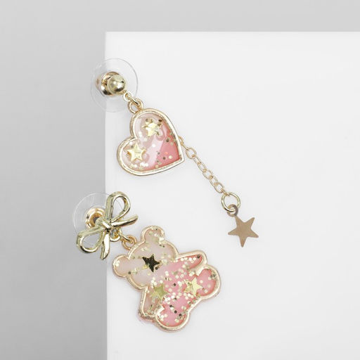 Серьги эмаль Мишка и сердце, романтика, цвет бело-розовый в золоте - Queen fair фото 2